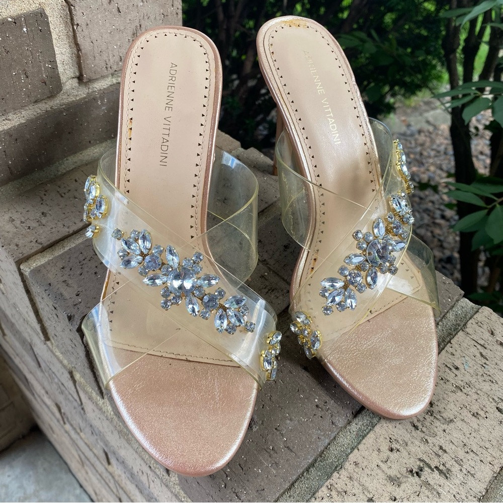 Adrienne Vittadini Grendel Gold and Vinyl Crystal Embellished Heels